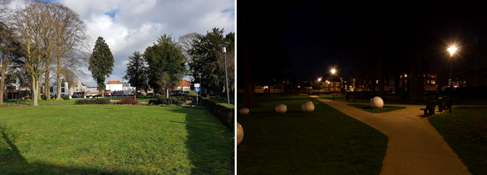 Aan de linkerkant een park met bomen en in de verte gebouwen. Aan de rechterkant hetzelfde park in het donker met verlicht pad. Zie bijschrift onder de afbeeling